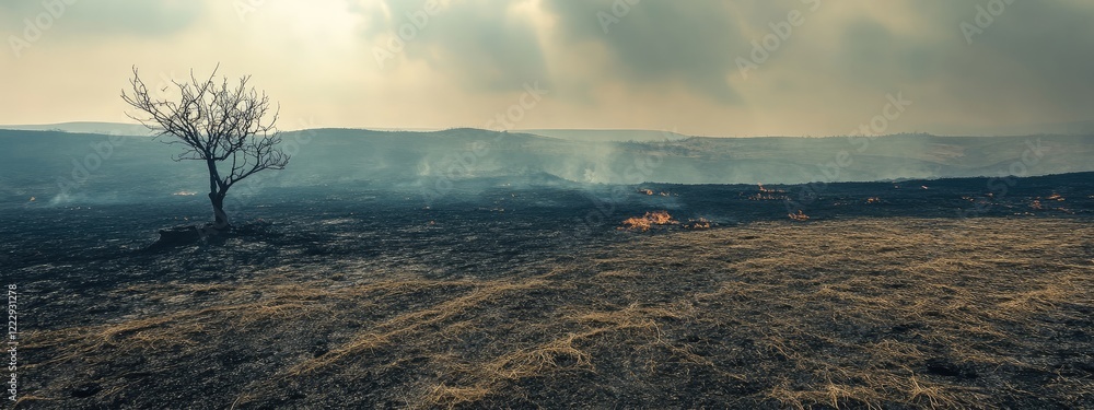 Aufkleber dramatic solitude in a scorched landscape with an isolated tree and space for text in the horizon un