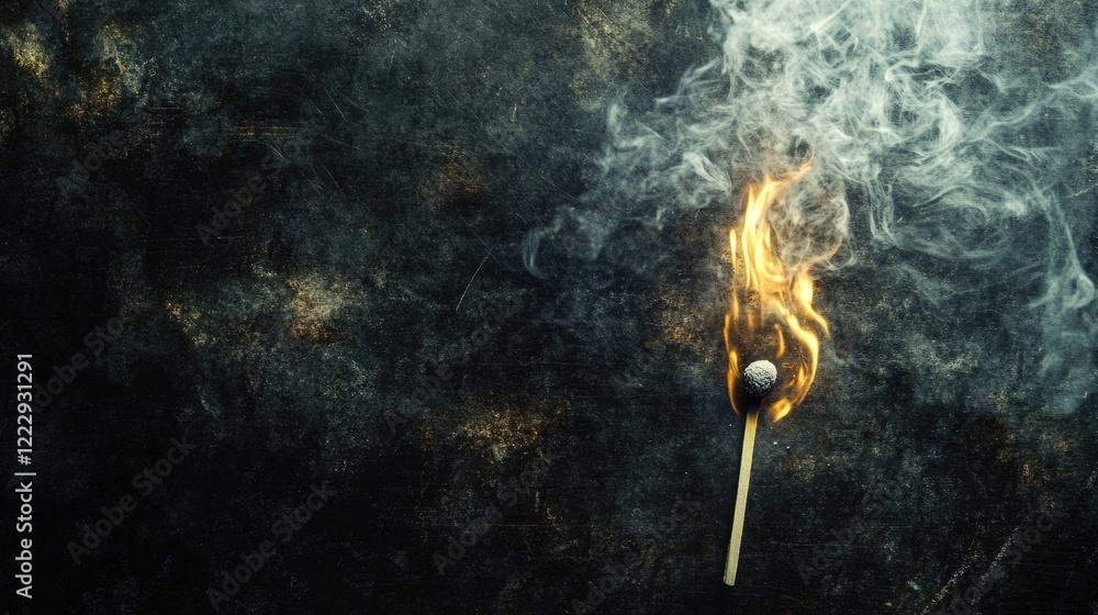 Poster Close-up of a flaming matchstick surrounded by smoke on a dark textured background with space for text or creative content.