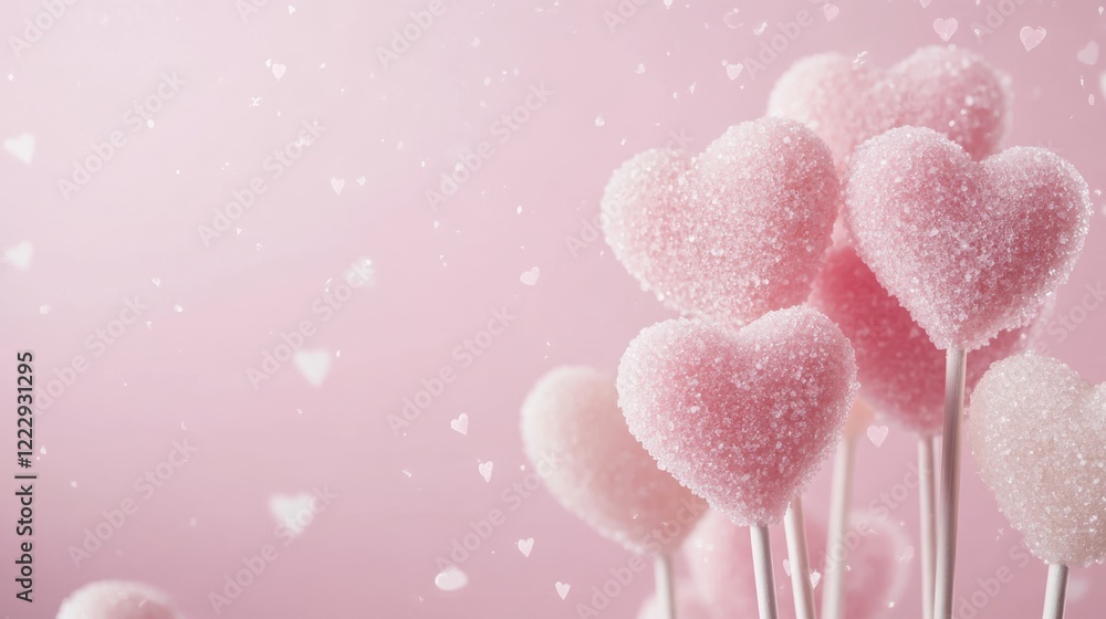 Poster heart shaped lollipops on sticks with a soft pink background creating a romantic and sweet atmospher
