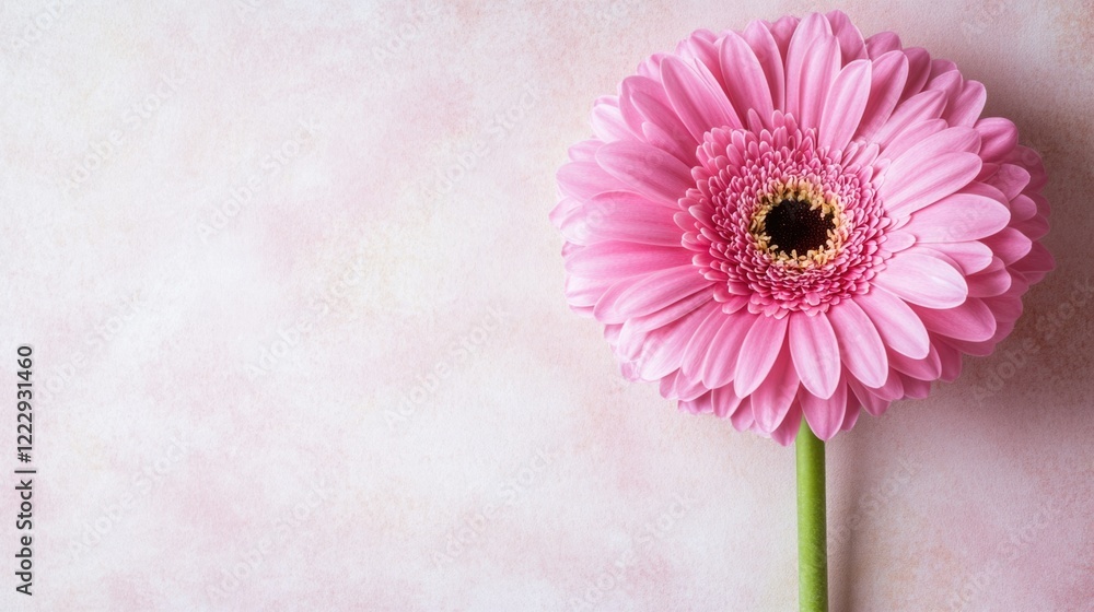Poster close up of a vibrant pink flower with a long stem against a soft pastel background ideal for text p