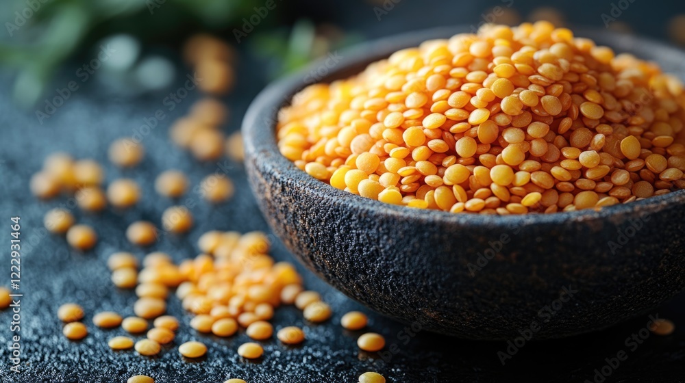 Poster raw yellow lentils in rustic bowl with blurred background and copy space for text perfect for food a