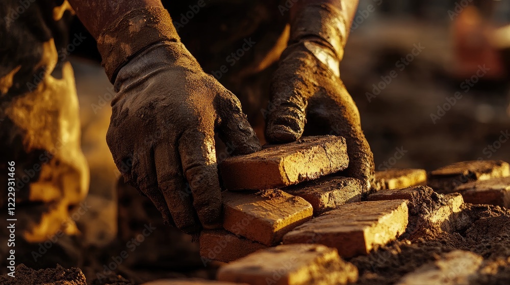 Poster close up of hands stacking bricks on a construction site highlighting cold resistance with ample spa