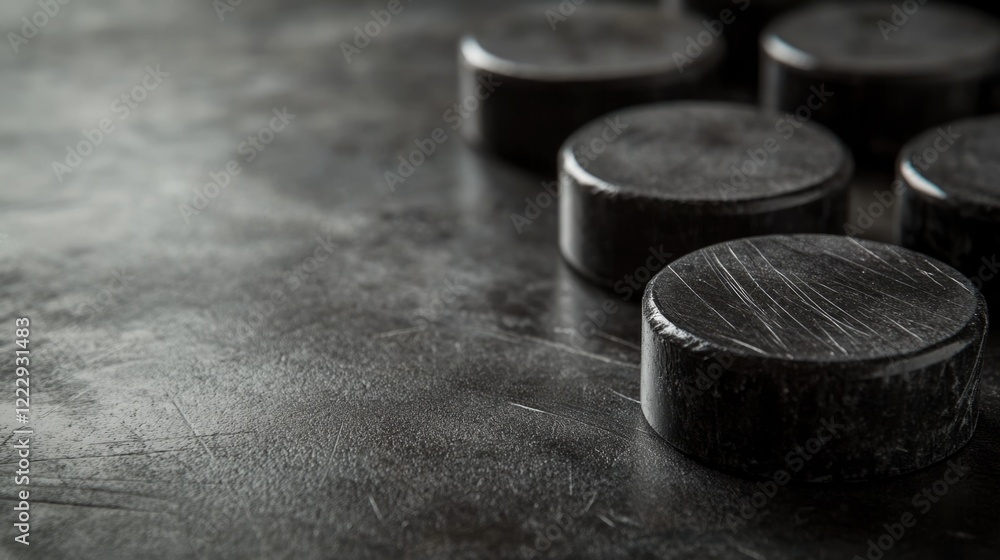 Poster close up of black hockey pucks on a textured surface with negative space ready for text or graphic o