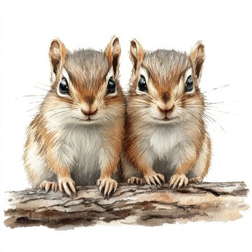 Two adorable chipmunks perched on a log, showcasing their curious expressions in a natural setting
