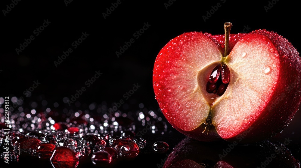 Poster Sliced red apple with droplets on a reflective surface perfect for creating text overlays or food related advertising