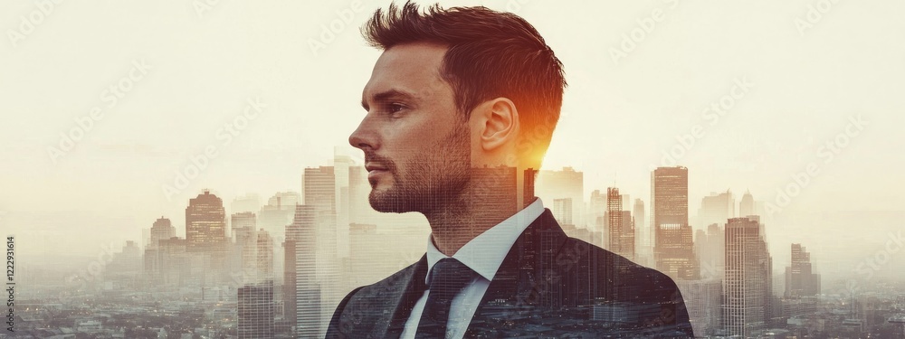 Poster double exposure of businessman in suit against urban skyline with clear copy space for customizable 
