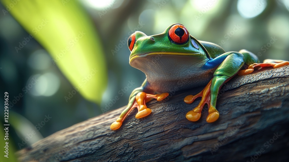 Aufkleber Vibrant close-up of a red-eyed tree frog resting on a log surrounded by lush greenery with space for your text or design elements
