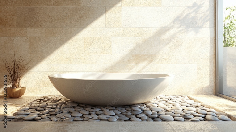 Aufkleber serene natural bathroom design with a rock and pebble floor featuring a stylish round bathtub and am