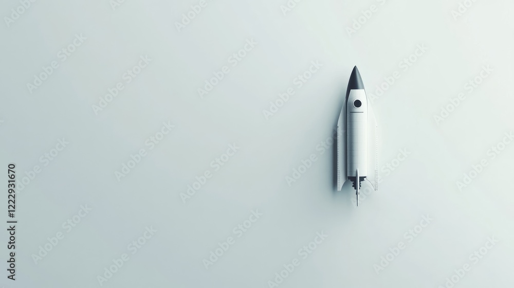 Poster silver rocket model on minimalist gray background with ample copy space for text and branding elemen