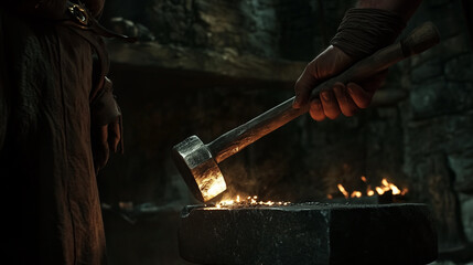 Photo of a blacksmith's hand holding a hammer poised over an anvil, ready to strike, showcasing traditional metalworking in a forge.