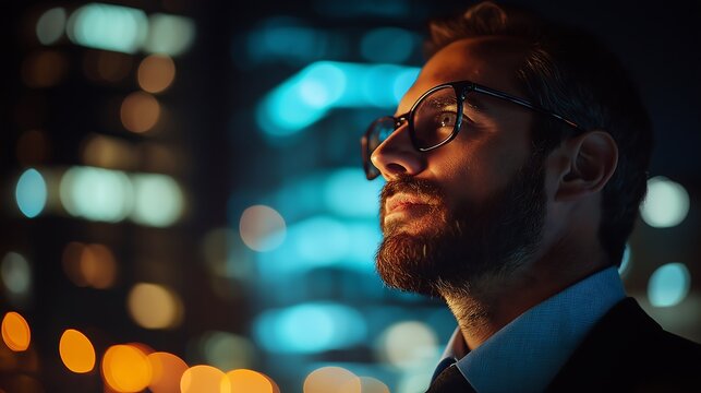 Side Profile Portrait of a Bearded Man Wearing Glasses, Illuminated by Neon Lights Against a Dark Background with Cinematic Bokeh Effects