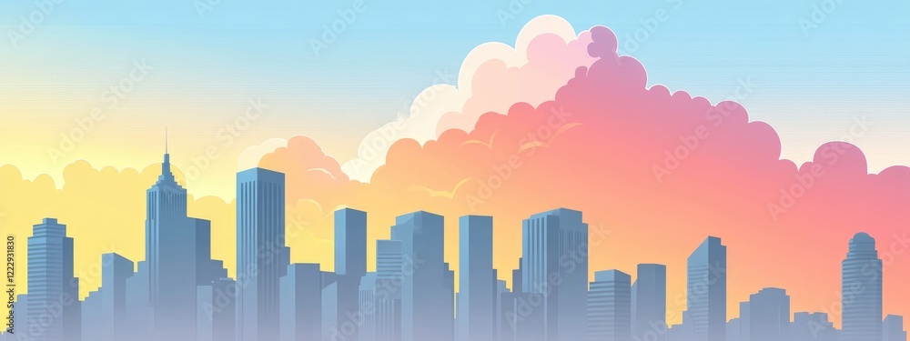 Poster dramatic clouds above city skyline with minimalistic design and ample empty space for text insertion