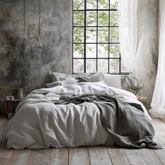 Cozy Bedroom with Soft Bed Linen and Natural Light Ideal for Relaxation and Text Space