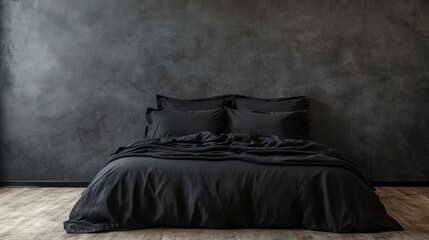 Modern minimalist bedroom with black bedding against textured wall and ample copy space for design or promotional text