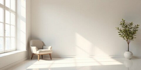 Serene Minimalist Room Interior Featuring a Comfortable Armchair and a Lush Potted Plant Basking in Sunlight