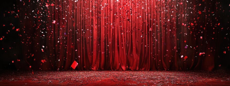 Elegant red velvet curtain backdrop with confetti creating a dramatic stage scene perfect for event announcements or theatrical promotions.