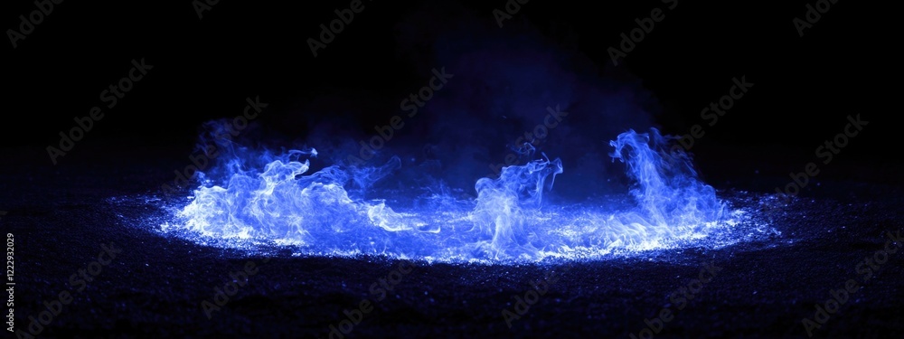 Poster dramatic blue flame explosion on black background signifying energy and power with space for text an