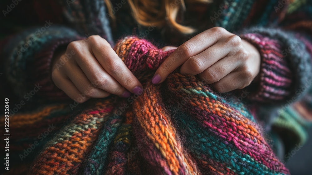 Poster Hands knitting a vibrant shawl in low light highlighting texture and craft with ample space for text overlay or design elements