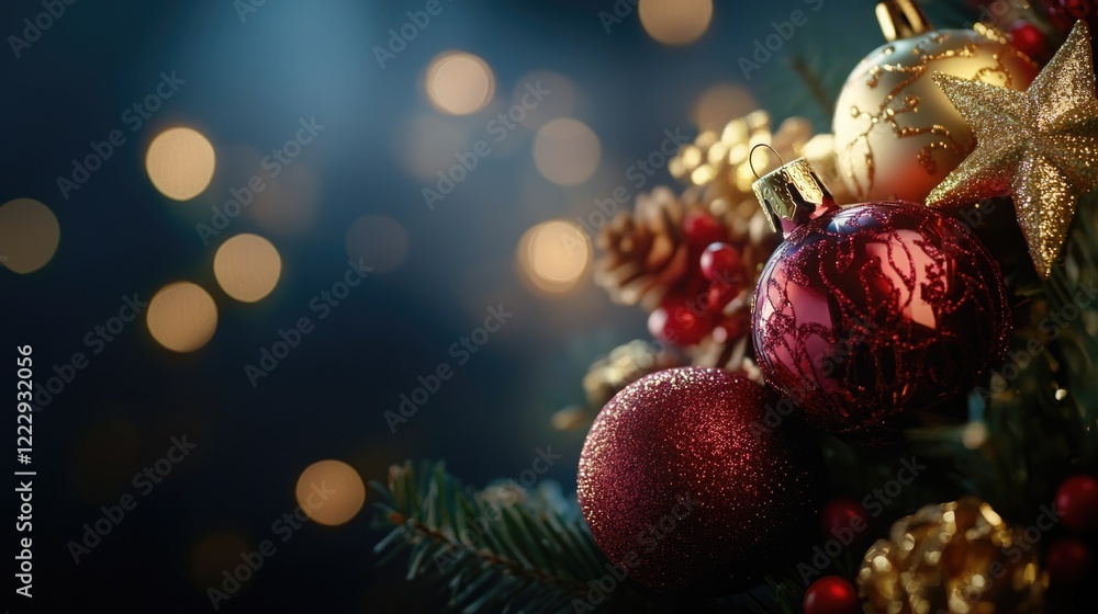 Poster close up of exquisite holiday ornaments and decorations with bokeh lighting creating a festive atmos