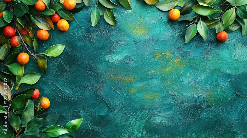 Aufkleber Vibrant tree foliage and colorful fruits on a teal background with ample empty space for your text or design elements