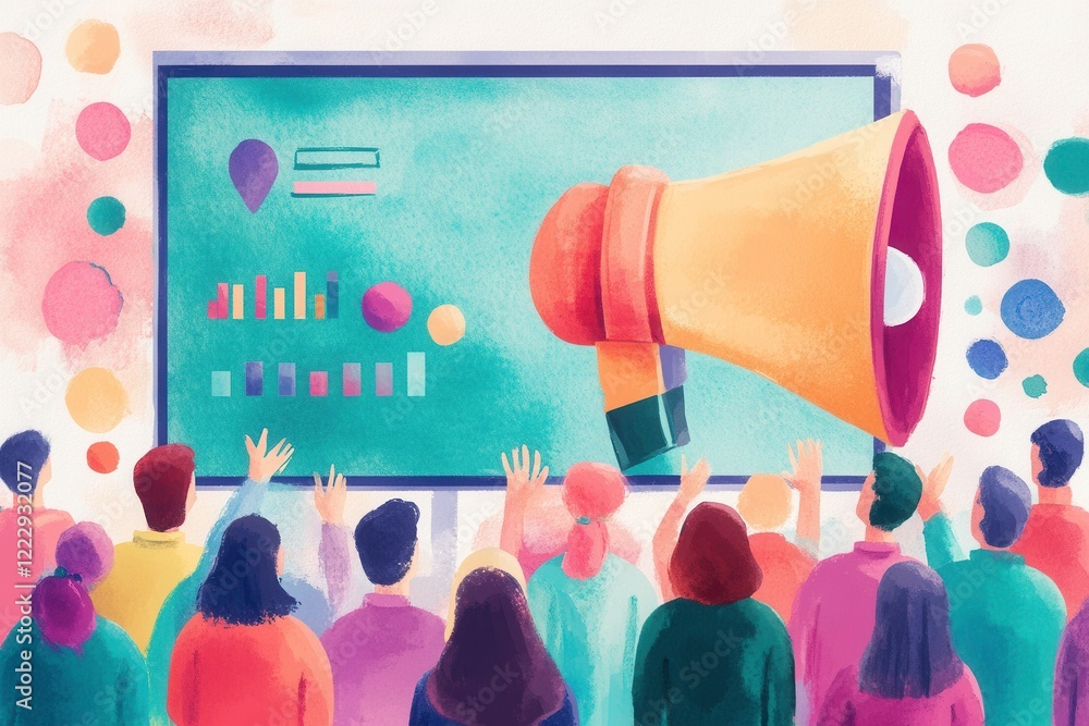 Poster a creative illustration depicting a diverse crowd engaging with a presentation featuring a megaphone