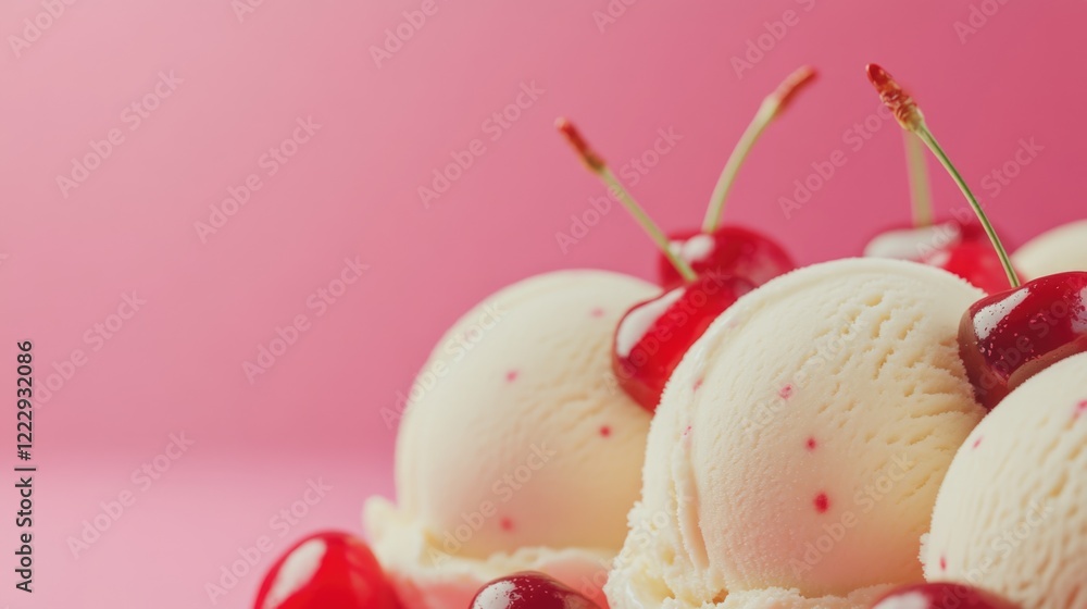 Poster delicious ice cream scoops topped with bright cherries on a pink background with ample copy space fo