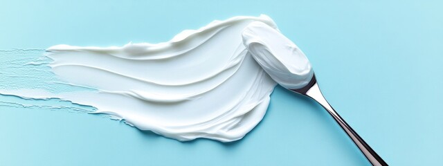 Creamy white facial cream swatch with a spatula on a vibrant aqua blue background, perfect for beauty and skincare product promotions