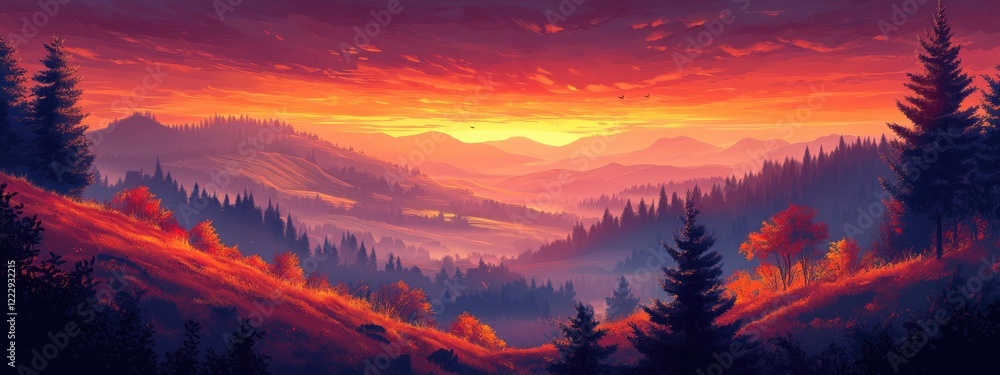 Poster vibrant twilight sunset over rolling hills and dense forests with autumn foliage creating a serene l