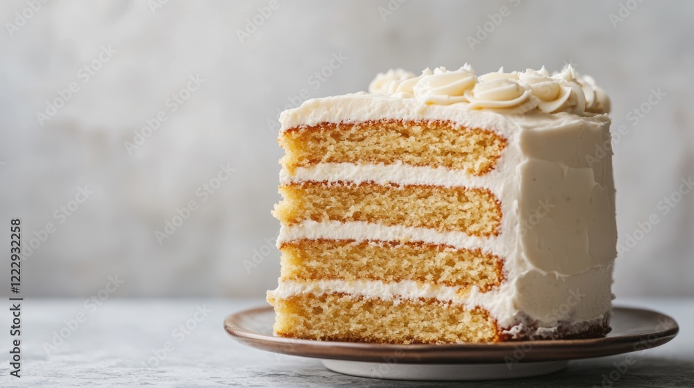 Aufkleber homemade lemon cake slice with creamy frosting on a plate showcasing textured layers and empty space