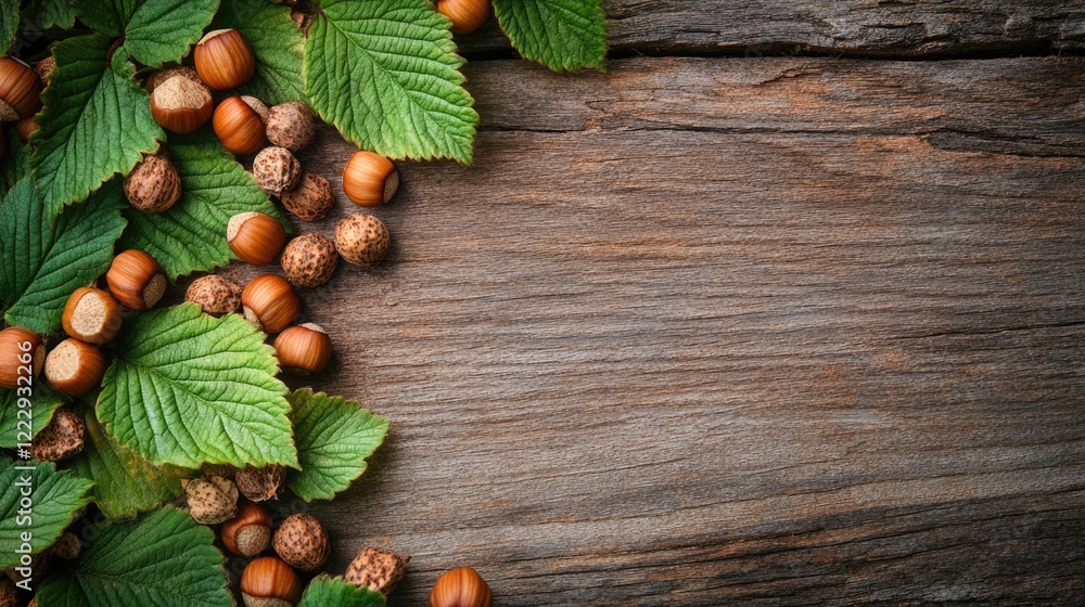 Poster Close up of hazelnuts surrounded by green leaves on rustic wooden background with empty space for text or branding