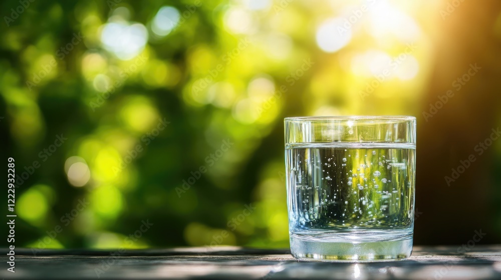 Poster close up of refreshing drinking water in a clear glass outdoors with bright sunlight and soft bokeh 