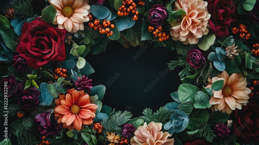 Poster floral wreath close up with vibrant flowers and greenery featuring empty space for personalized text