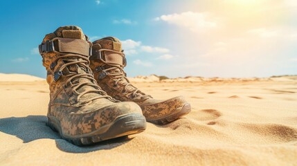Naklejka premium Combat boots resting on sandy terrain under a bright sunny sky with ample empty space for adding text or captions