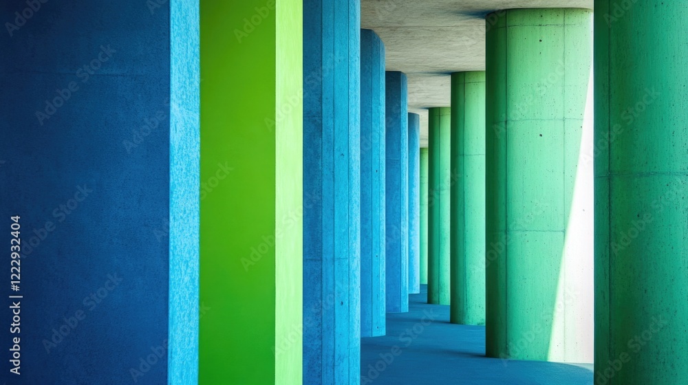 Poster vibrant columns featuring blue and green hues in modern architecture with ample empty space for cust