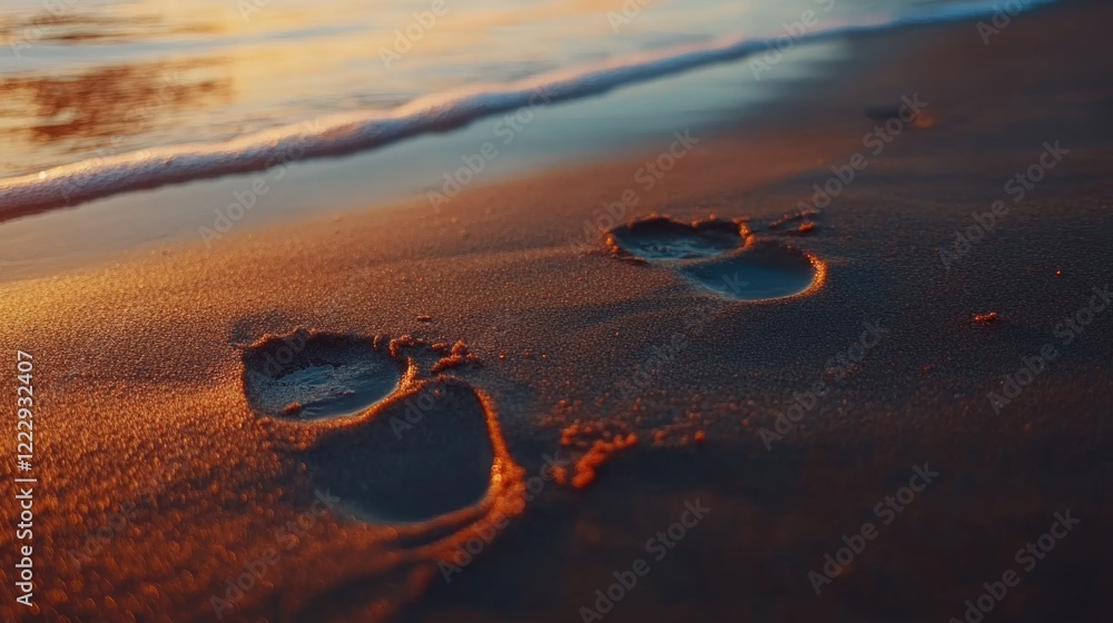 Poster close up of human footprints on a sandy beach at sunset with empty space for text showcasing nature 