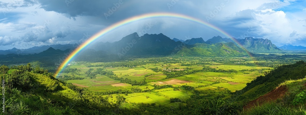 Aufkleber double rainbow over verdant fields and mountains with clear sky and space for text or graphics