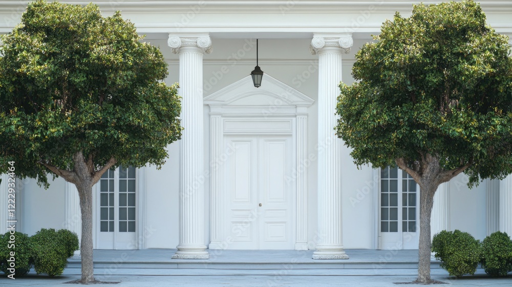Poster classic columned building with white door framed by lush green trees and open space for text or bran