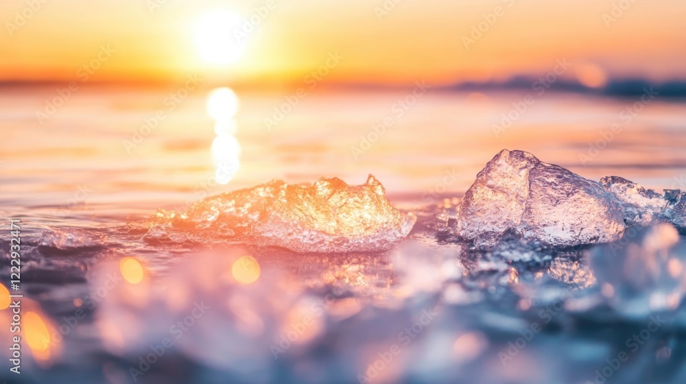 Poster close up of melting ice in water reflecting sunlight with soft focus and a serene sunset background 