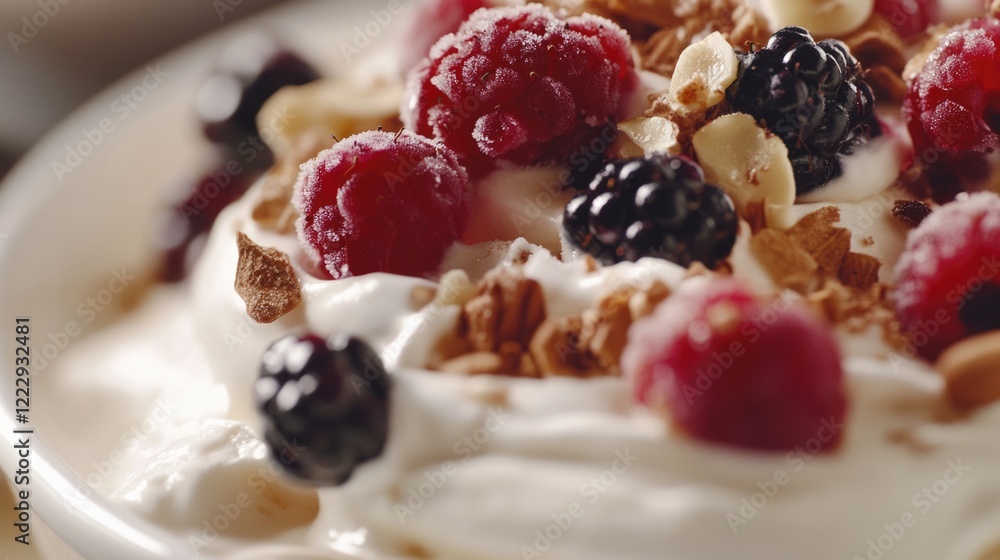 Poster delicious ice cream garnished with fresh berries and nuts on creamy background ideal for culinary pr