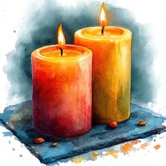 Vibrant orange and yellow candles lit on a textured surface, creating a warm ambiance with soft shadows