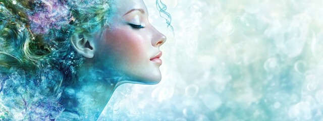 Enchanting underwater mermaid portrait with dreamy colors and soft bokeh background ideal for fantasy-themed design and text placement.