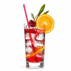 Refreshing Colorful Cocktail with Ice, Orange Slice, Cherry, and Straw