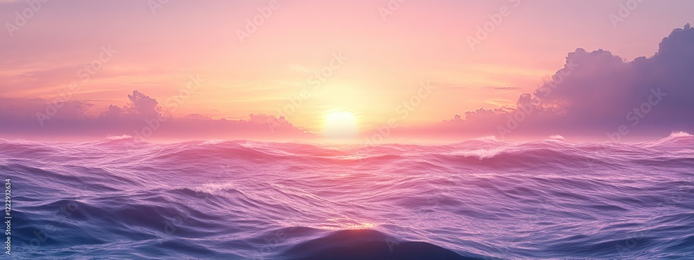 Poster tranquil summer sunset over ocean waves with serene colors and vast empty space for text and design 