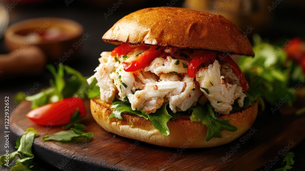 Poster fresh crab meat sandwich garnished with fresh vegetables on a wooden board with empty space for text