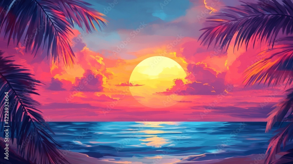 Poster vibrant sunset over ocean with lush clouds and palm silhouettes creating space for text or messaging