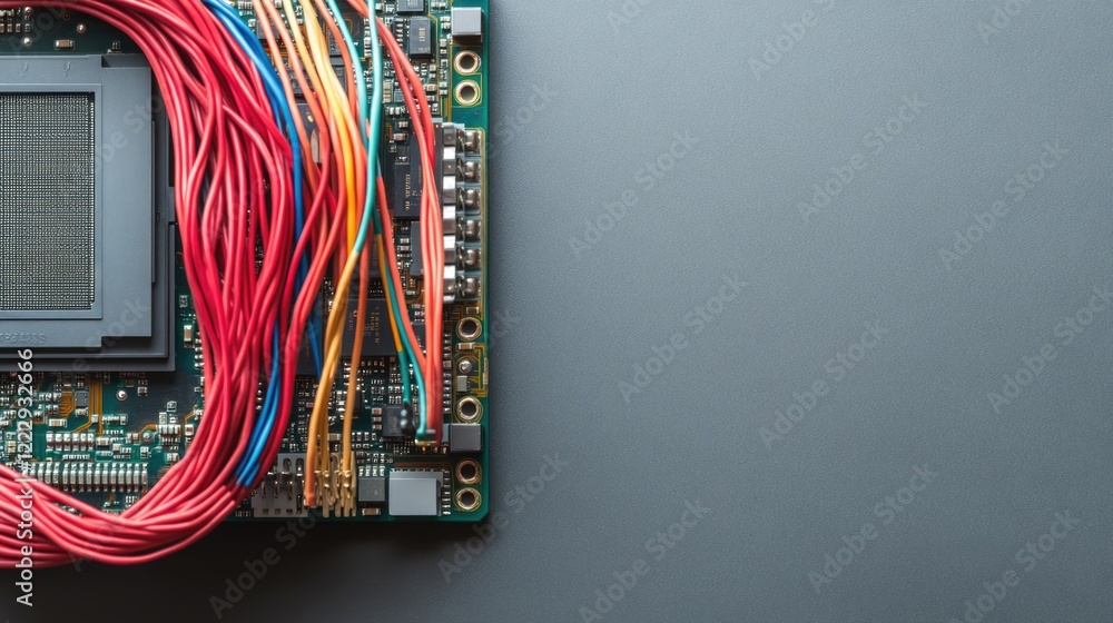Poster close up of computer circuit board with colorful data cables on gray background for technology and i