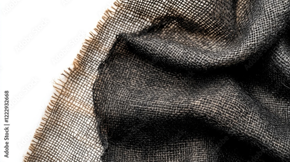 Poster close up of textured black burlap fabric with a soft drape against a white background creating an em