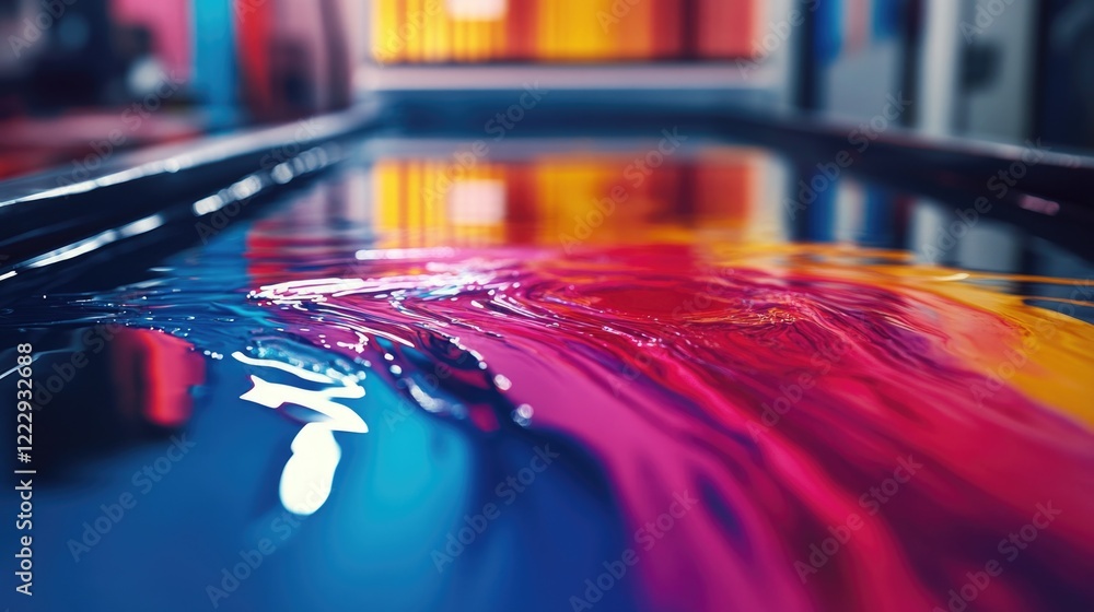 Poster colorful liquid waves reflection with empty space for text in a laboratory or artistic setting