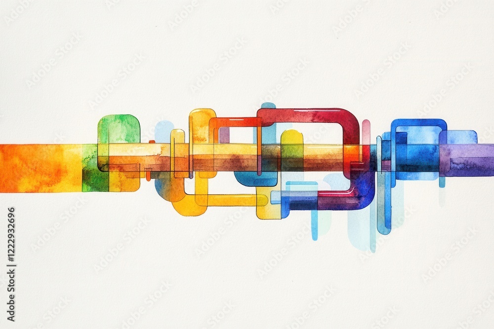 Poster a vibrant abstract watercolor artwork featuring colorful geometric shapes and lines, creating a dyna