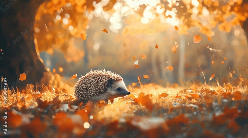 Poster hedgehog wandering through a vibrant autumn park with falling leaves and soft sunlight creating a wa